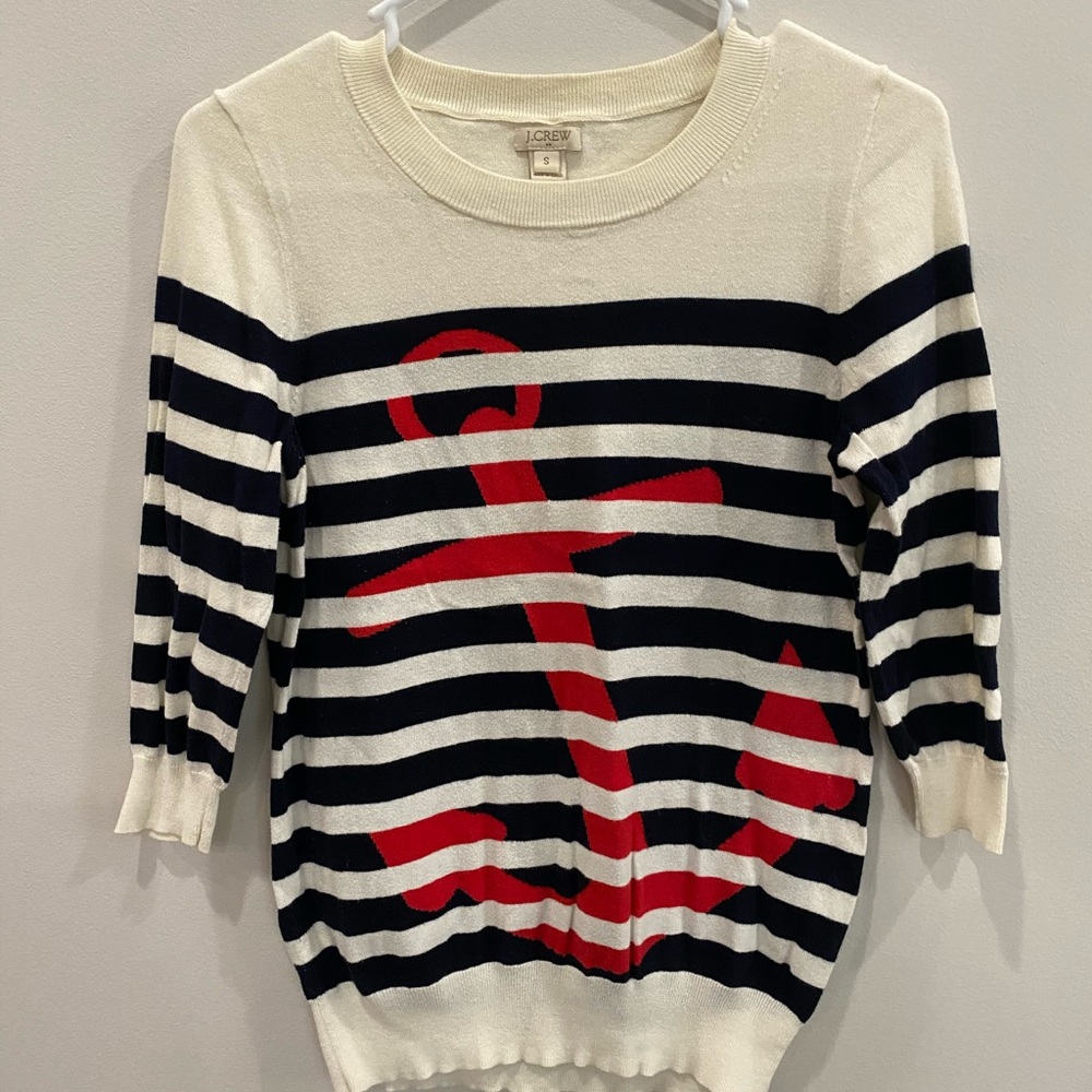 J. Crew Navy and Cream Striped Sweater with Red Anchor in Women’s Size Small